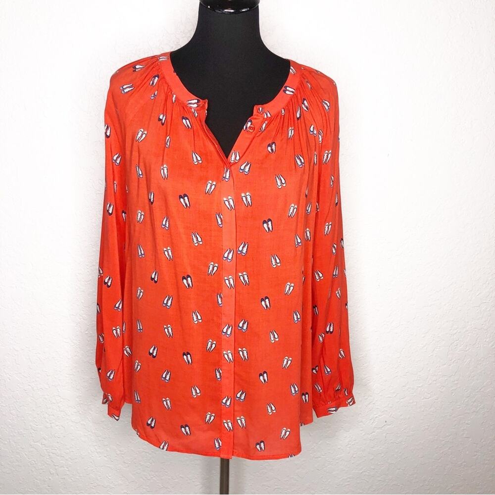 Boden bright orange red ballet flat‎ print button down top size 10